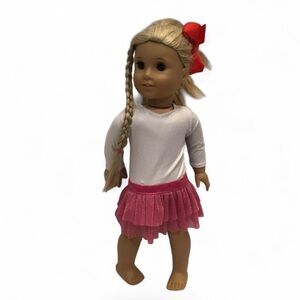 American Girl Doll with Pink Skirt and Red Bow 18”